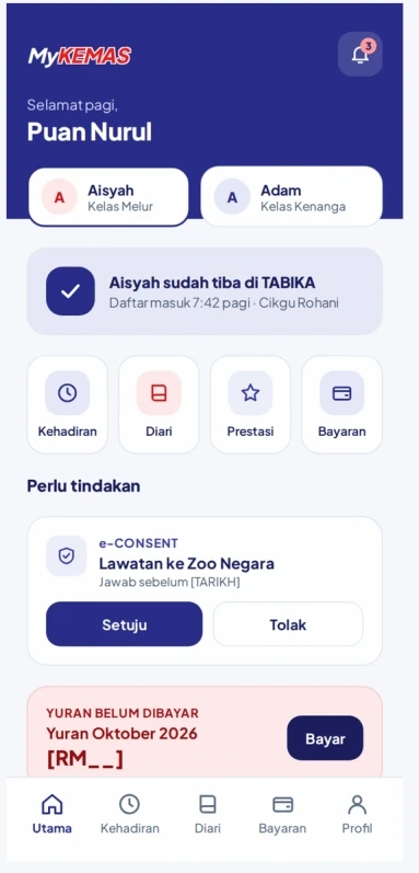 Contoh paparan utama aplikasi ibu bapa MyKemas